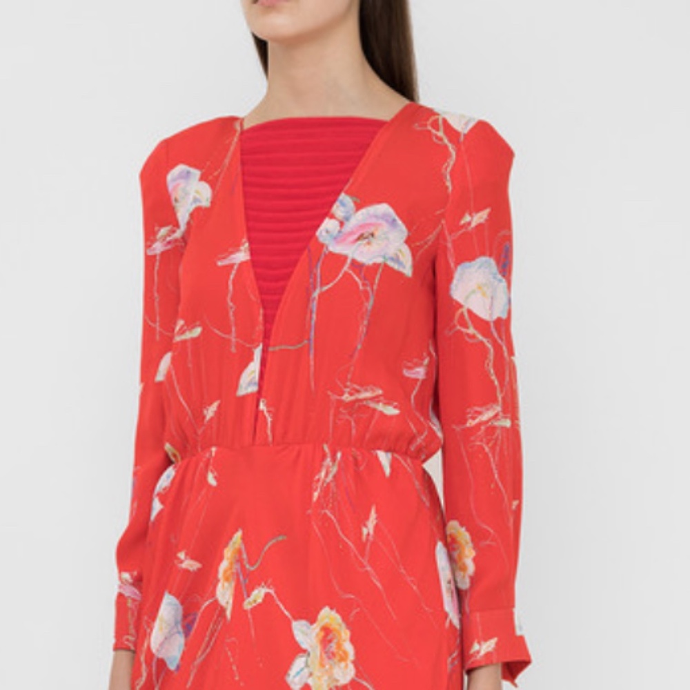 NWT -Giorgio Armani TAA31T Coral 100% Silk Floral Dress Hidden Zip Pockets